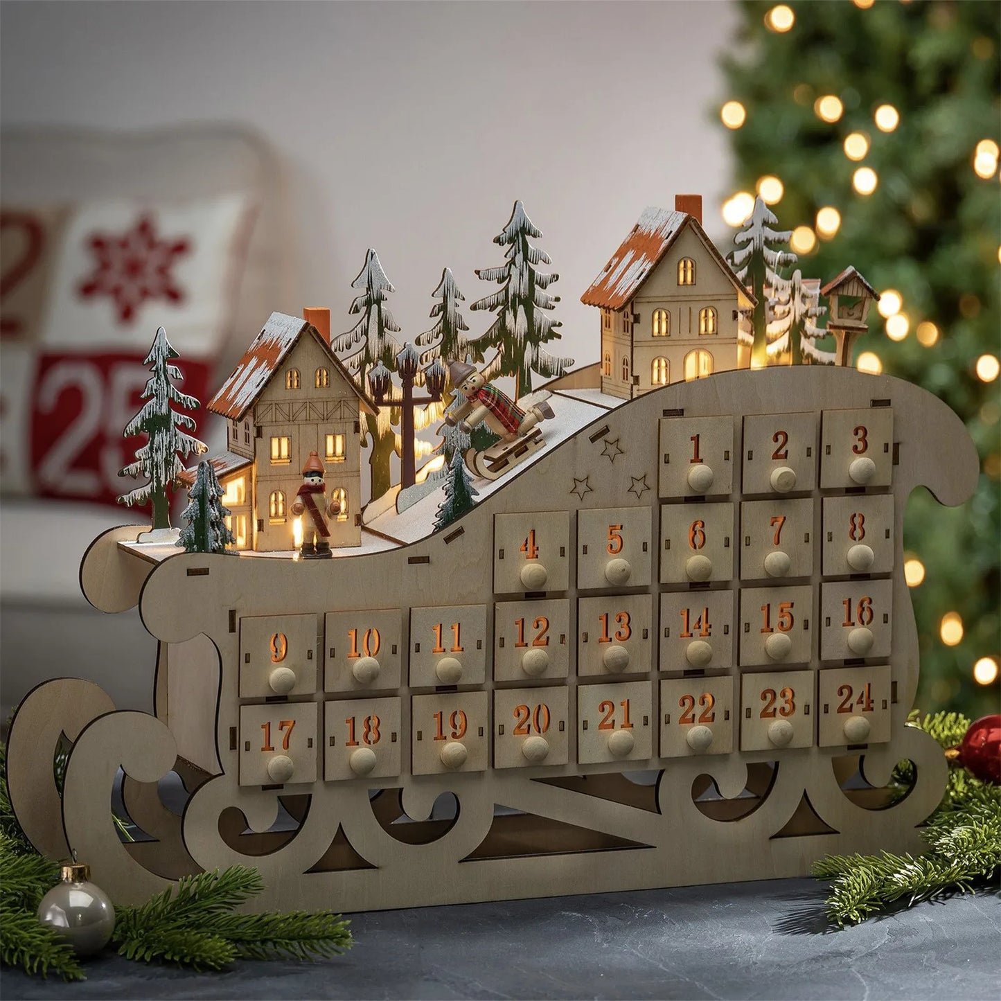 Christmas 24-days Countdown Calendar Creative Sleigh Calendar Wooden Ornament Christmas Decoration Christmas Gift For Friends 