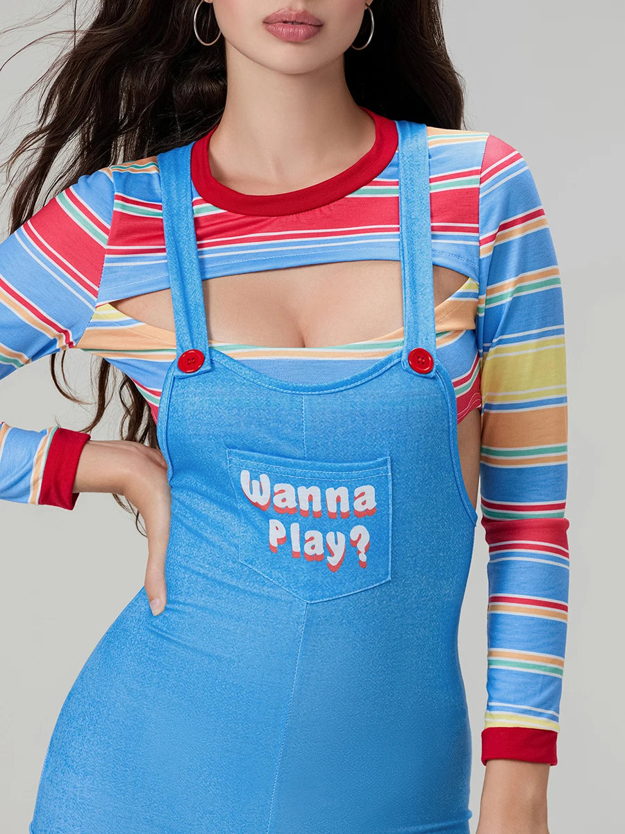 Halloween Costumes for Women Scary Nightmare Killer Doll Movie Wanna Play Print Sexy Bodysuit Jumpsuit Costume