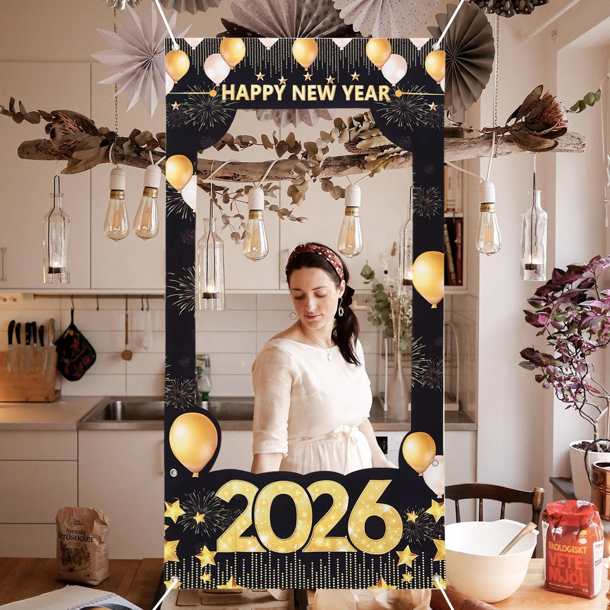2026 Happy New Year Photo Frame Photo Booth Props Firework Shiny New Year Background Prop Golden Balloon Photography Backdrop