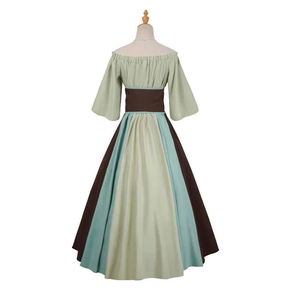 Halloween Costumes for Women Medieval Retro Contrasting Color Slim Swing Dress One-word Shoulder Dress Love Live Cosplay