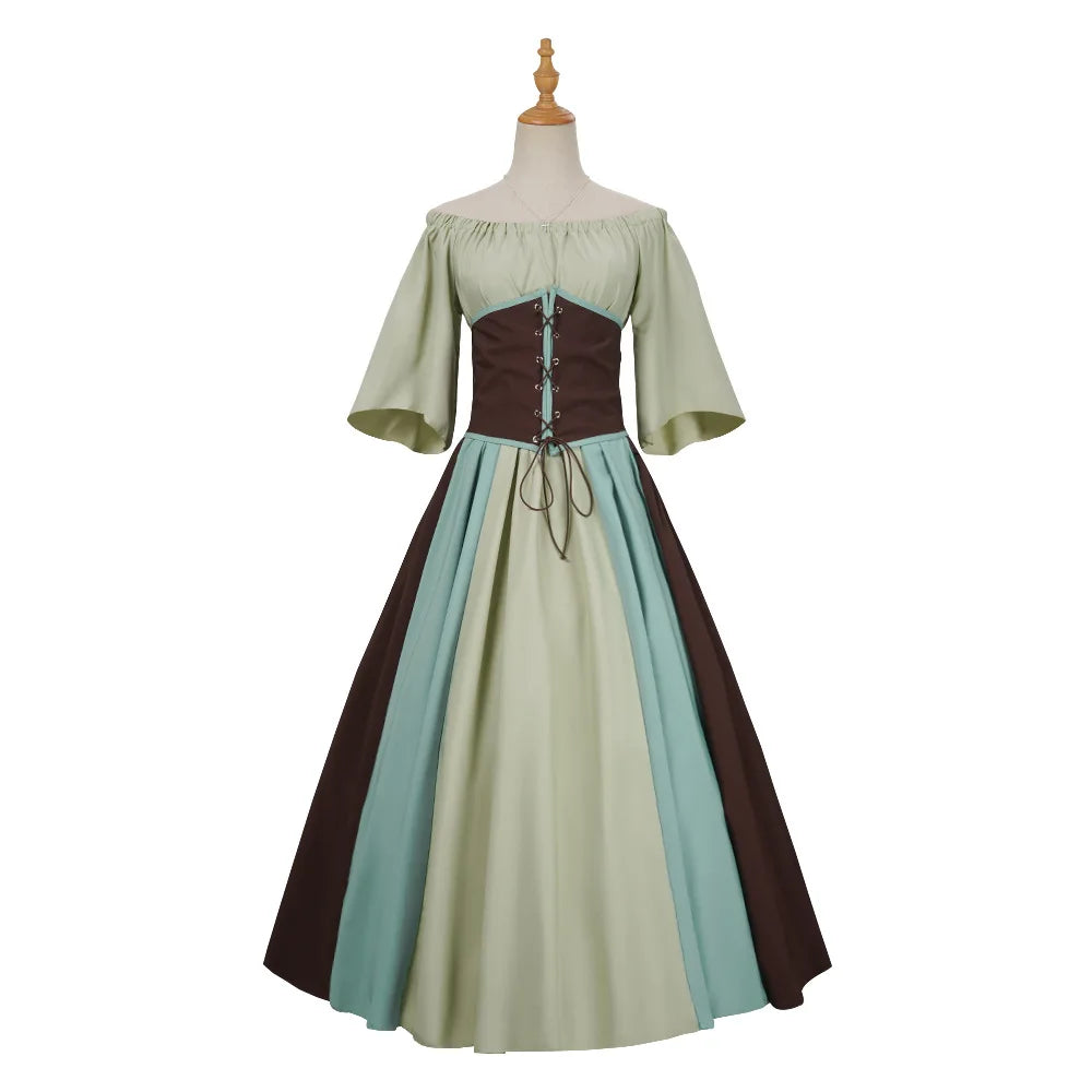 Halloween Costumes for Women Medieval Retro Contrasting Color Slim Swing Dress One-word Shoulder Dress Love Live Cosplay