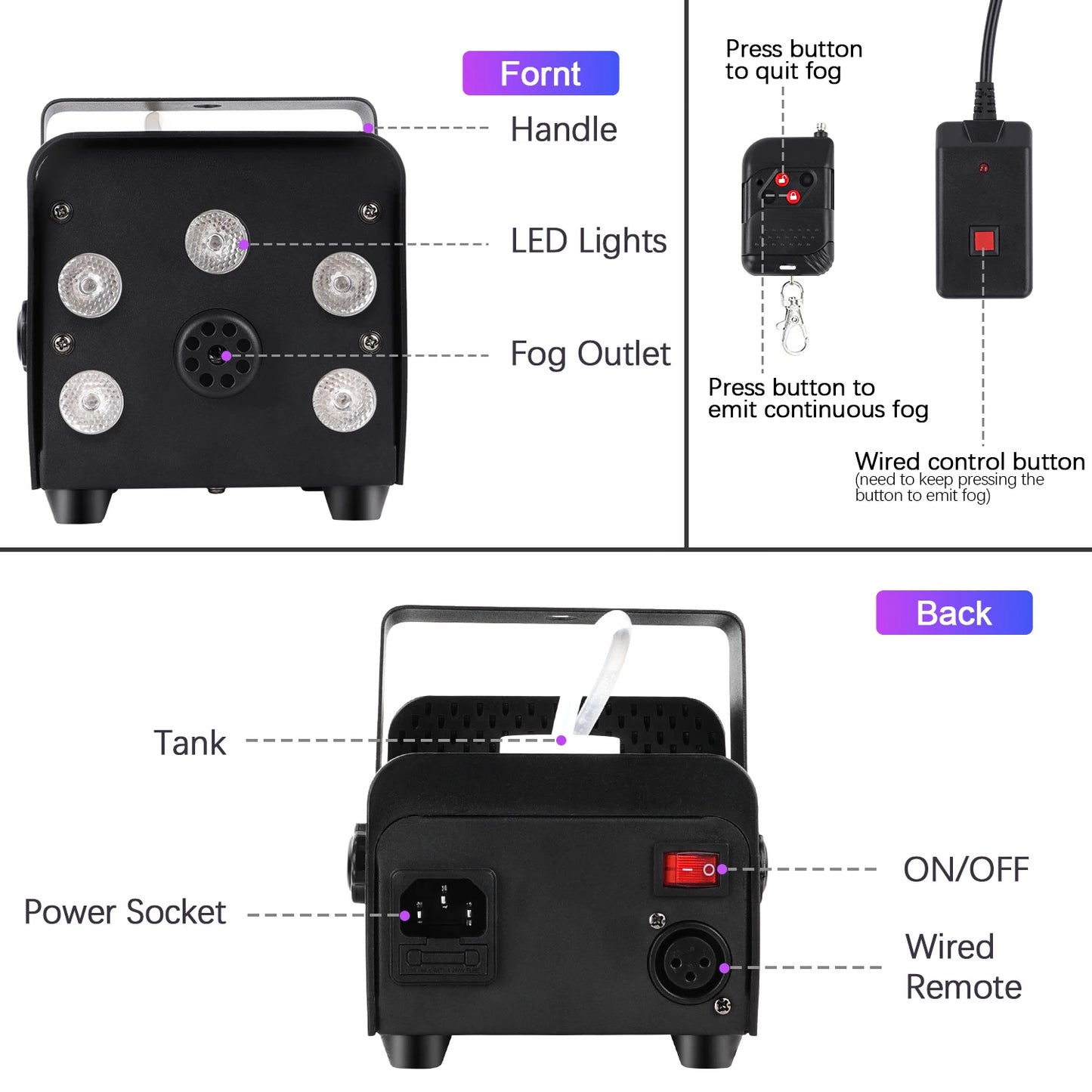U'King 500W Fog Machine 5PCS RGB LED Beads Smoke Machine for DJ Disco Concert Party Wireless Remote Control Stage Fogger Ejector