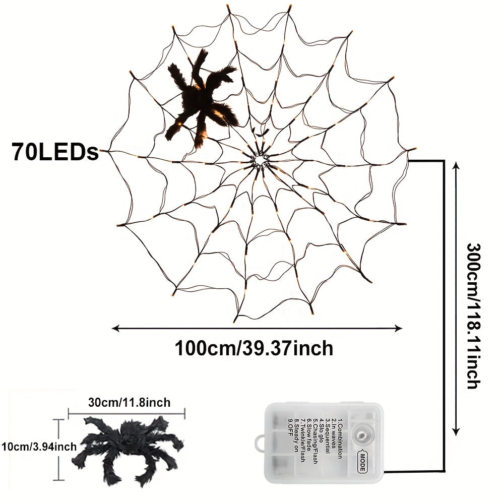 1pc Halloween Spider Web Lights, 1M 3.3FT Diameter 70 LEDs With Black Spider LED Net Lights, Remote Control, 8 Modes Cobweb Halloween Decorations, For House Indoor Scary Theme