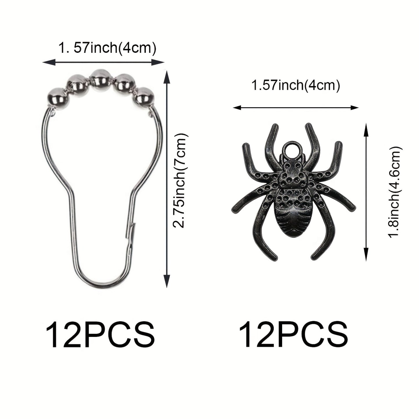 12pcs Spider Pendant Shower Curtain Hook, Curtain Hook With Rolling Bead, Rustproof Shower Curtain Hook For Bathroom Curtain Rod, Bathroom Accessories, Halloween Decorations