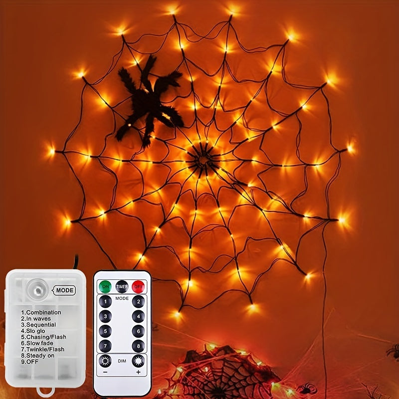 1pc Halloween Spider Web Lights, 1M 3.3FT Diameter 70 LEDs With Black Spider LED Net Lights, Remote Control, 8 Modes Cobweb Halloween Decorations, For House Indoor Scary Theme