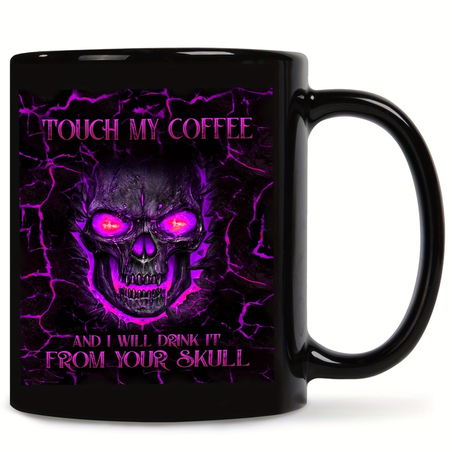 Menacing Gothic Skull Coffee Mug - Touch My Coffee I Drink It From Your Skull - Cup with Purple Glow Eyes & Crackle Design - Reusable Black Gothic Cup for Halloween, Día de los Muertos, Themed Parties (Hand Wash Only), Hallo