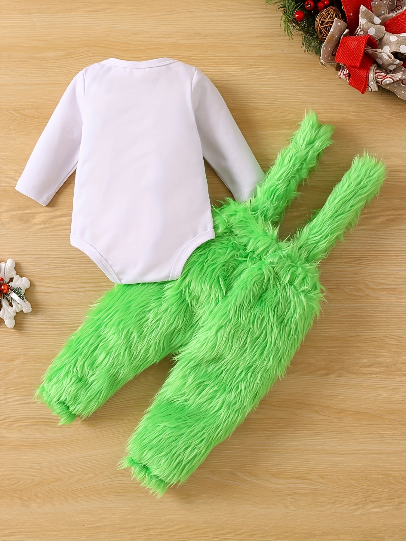 Adorable Baby Christmas Outfit - Funny Graphic Crew Neck Long Sleeve Romper + Green Fuzzy Suspender Pants Clothes Set, Outdoor Cloth