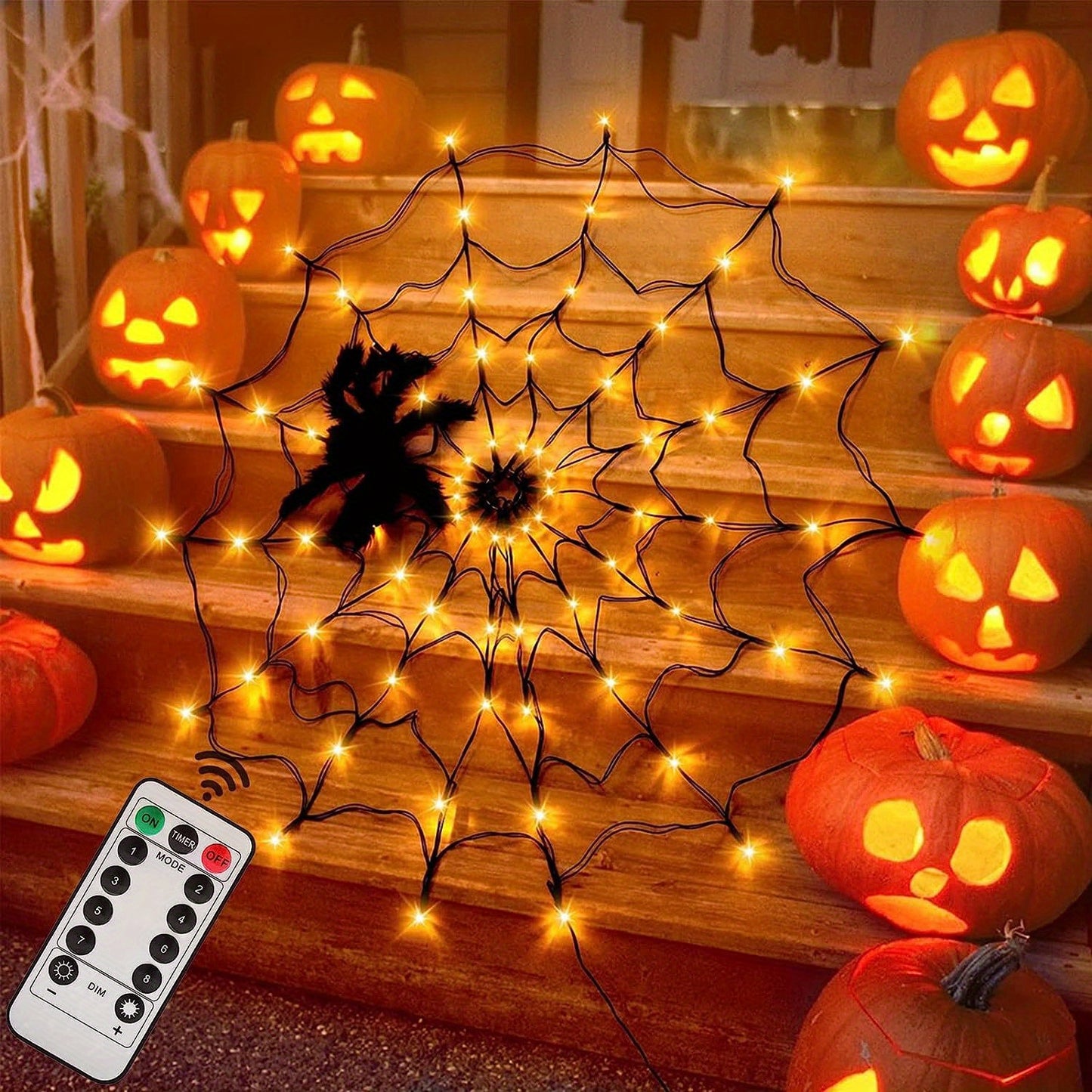 1pc Halloween Spider Web Lights, 1M 3.3FT Diameter 70 LEDs With Black Spider LED Net Lights, Remote Control, 8 Modes Cobweb Halloween Decorations, For House Indoor Scary Theme