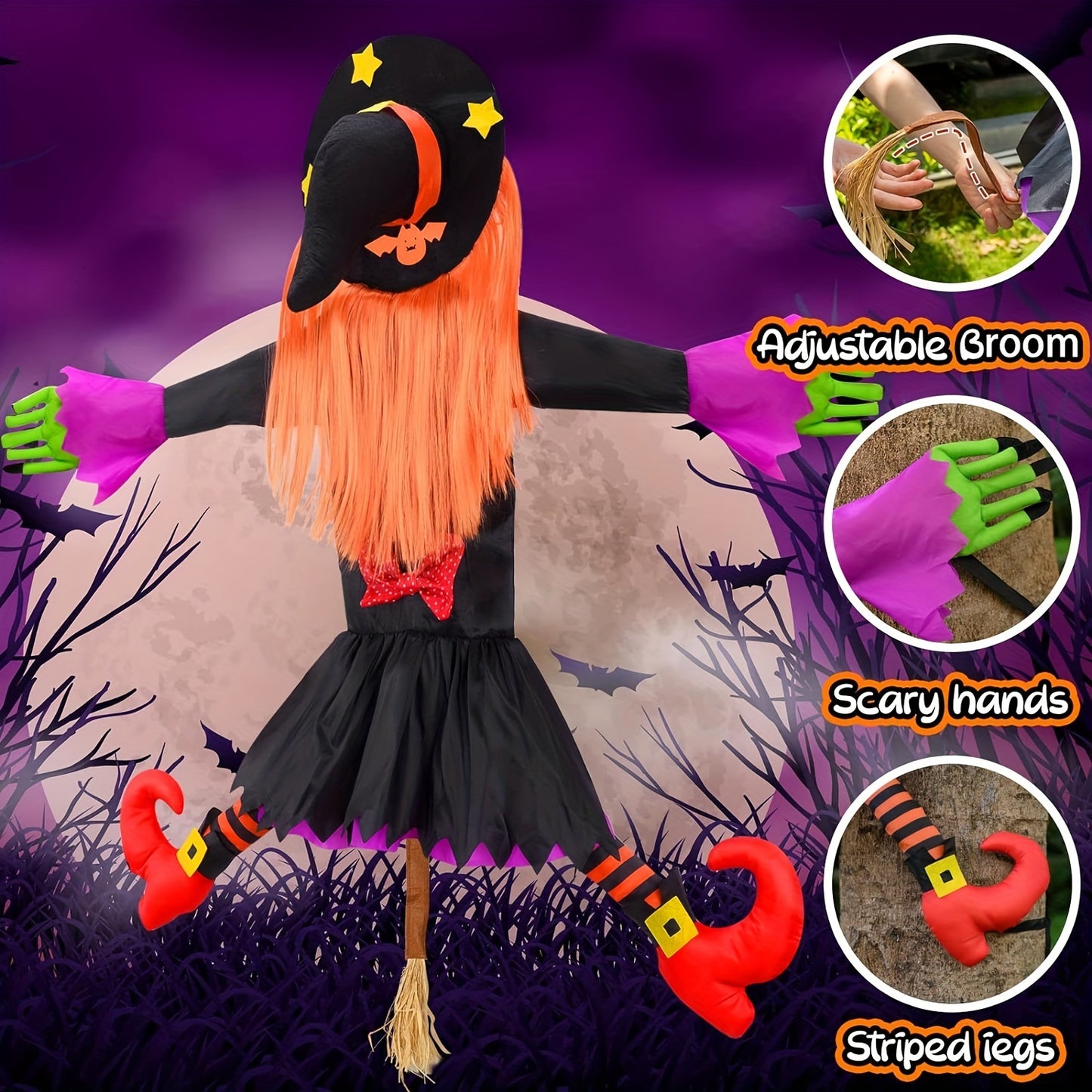 Bosoner Large Crashing Witch Decor (55'' H), Halloween Decorations Clearance Outdoor Witch Props Ornaments, Hanging into Tree/Porch Pole/Door/Yard, with Adjustable Band, Outside Garden Funny Witches Crashed
