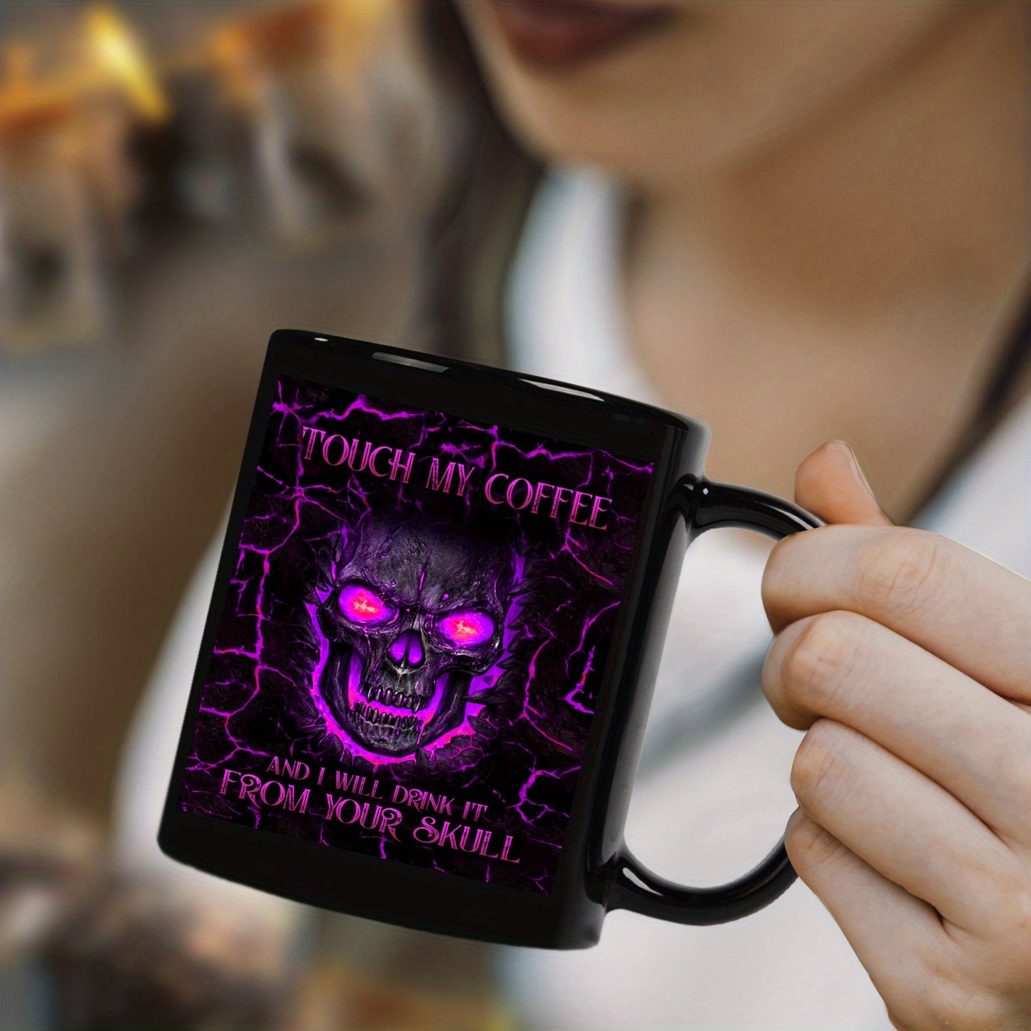 Menacing Gothic Skull Coffee Mug - Touch My Coffee I Drink It From Your Skull - Cup with Purple Glow Eyes & Crackle Design - Reusable Black Gothic Cup for Halloween, Día de los Muertos, Themed Parties (Hand Wash Only), Hallo