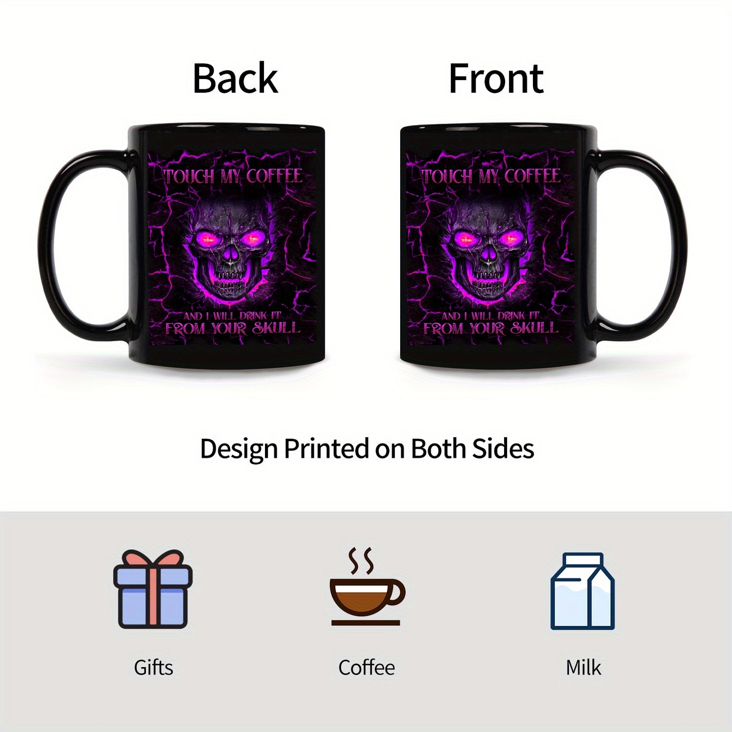 Menacing Gothic Skull Coffee Mug - Touch My Coffee I Drink It From Your Skull - Cup with Purple Glow Eyes & Crackle Design - Reusable Black Gothic Cup for Halloween, Día de los Muertos, Themed Parties (Hand Wash Only), Hallo