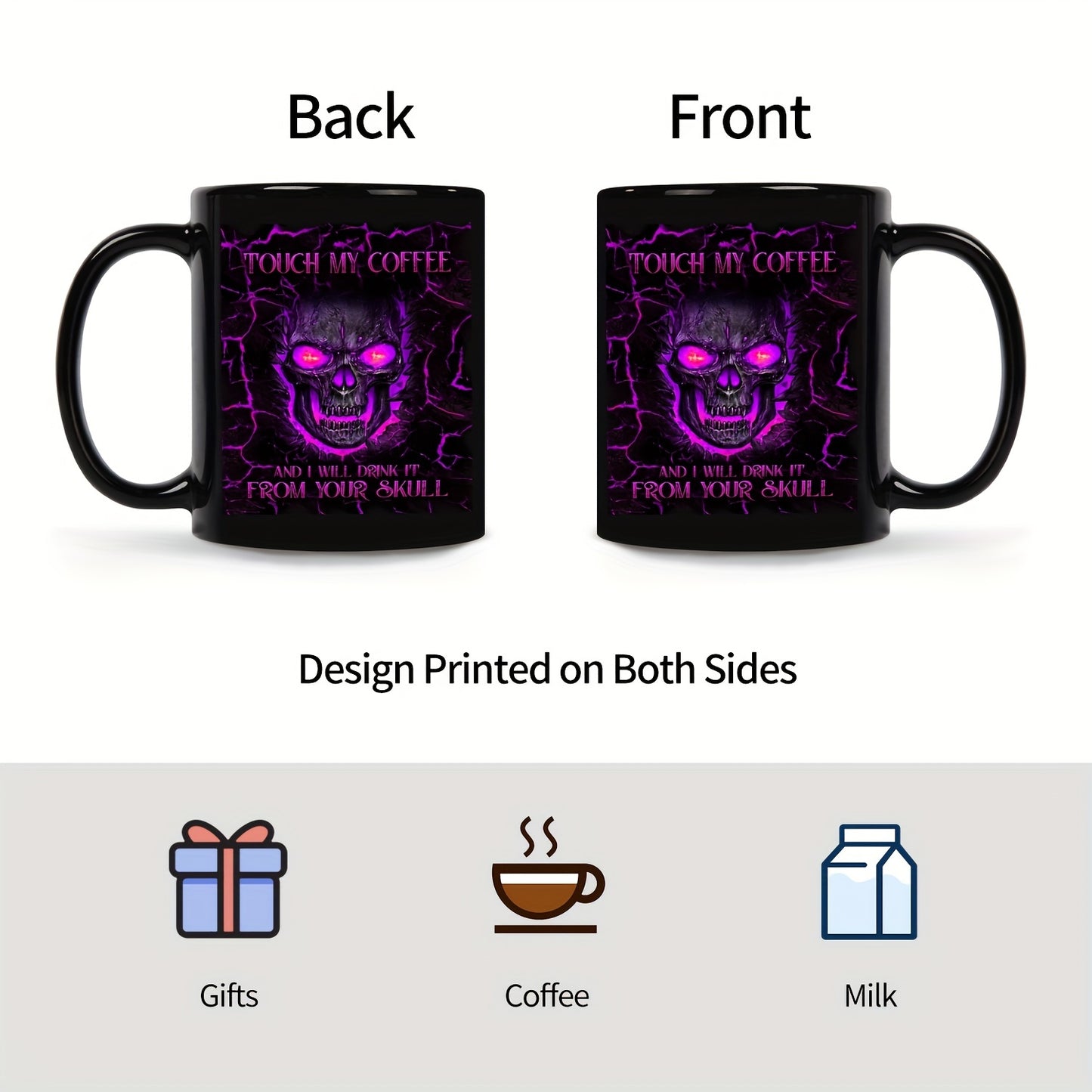 Menacing Gothic Skull Coffee Mug - Touch My Coffee I Drink It From Your Skull - Cup with Purple Glow Eyes & Crackle Design - Reusable Black Gothic Cup for Halloween, Día de los Muertos, Themed Parties (Hand Wash Only), Hallo