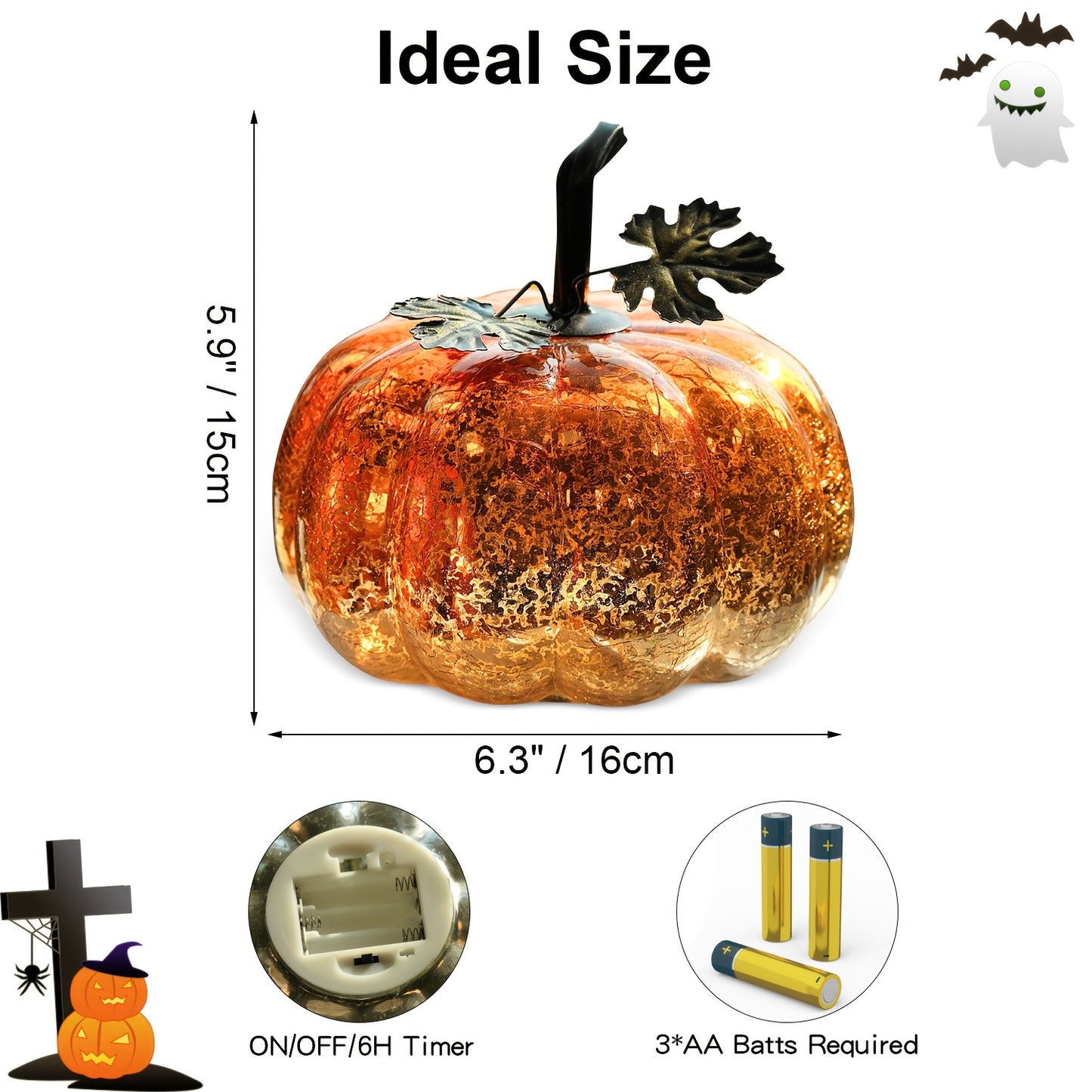 Golden Glass Pumpkin Night Light - Elegant Glowing Table Centerpiece with Warm White & Golden Light, Battery-Powered (Not Included) - Durable Glass Construction for Halloween, Christmas, Thanksgiving, Fall Harvest Decor - Man