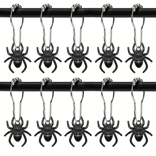 12pcs Spider Pendant Shower Curtain Hook, Curtain Hook With Rolling Bead, Rustproof Shower Curtain Hook For Bathroom Curtain Rod, Bathroom Accessories, Halloween Decorations