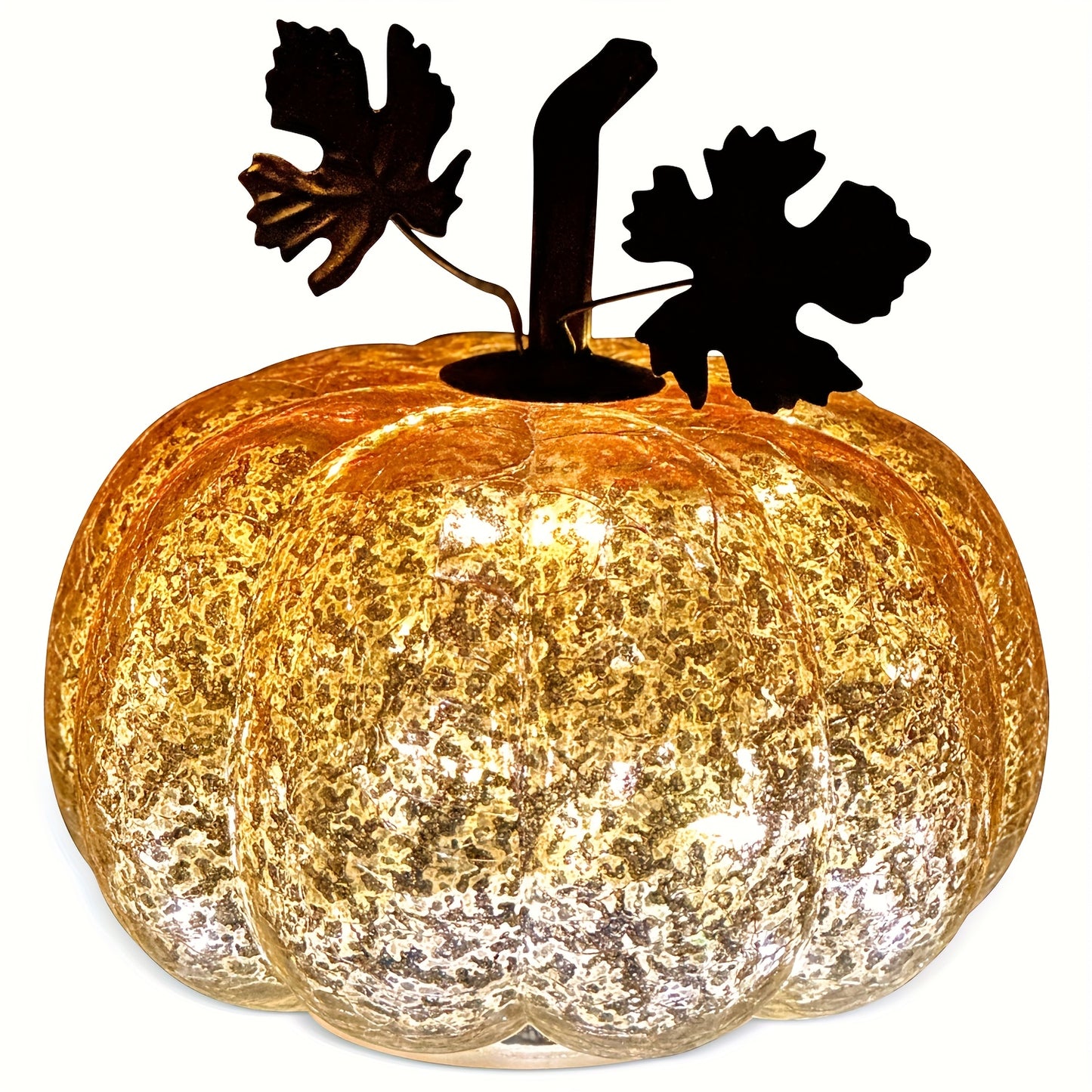 Golden Glass Pumpkin Night Light - Elegant Glowing Table Centerpiece with Warm White & Golden Light, Battery-Powered (Not Included) - Durable Glass Construction for Halloween, Christmas, Thanksgiving, Fall Harvest Decor - Man