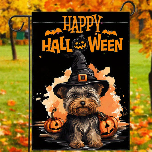 1pc, Yorkshire Happy Halloween Garden Flag Witch Yorkshire Pumpkins Print House Flag Festival Holiday Farmhouse Decor Porch Sign Halloween Decorations For Outdoor Indoor Double Sided Waterproof Flag 12x18inch