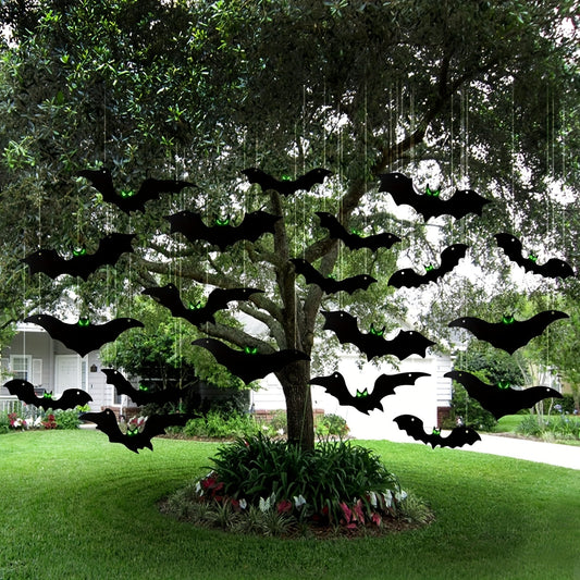 20pcs Black Glow-in-the-Dark Halloween Bats - Realistic Fake Bats with Glowing Eyes, Durable Plastic Outdoor Decor for Tree, Yard, Porch - No Electricity Needed, Easy to Hang, Halloween Decorations, Halloween Decorations, Spo
