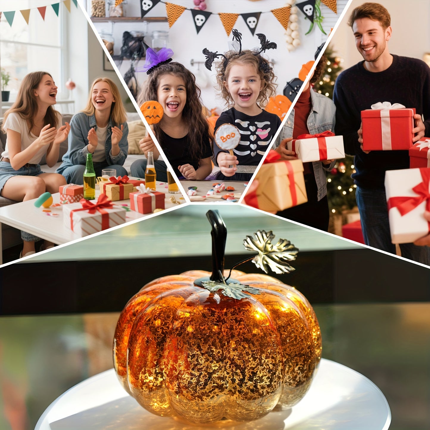 Golden Glass Pumpkin Night Light - Elegant Glowing Table Centerpiece with Warm White & Golden Light, Battery-Powered (Not Included) - Durable Glass Construction for Halloween, Christmas, Thanksgiving, Fall Harvest Decor - Man