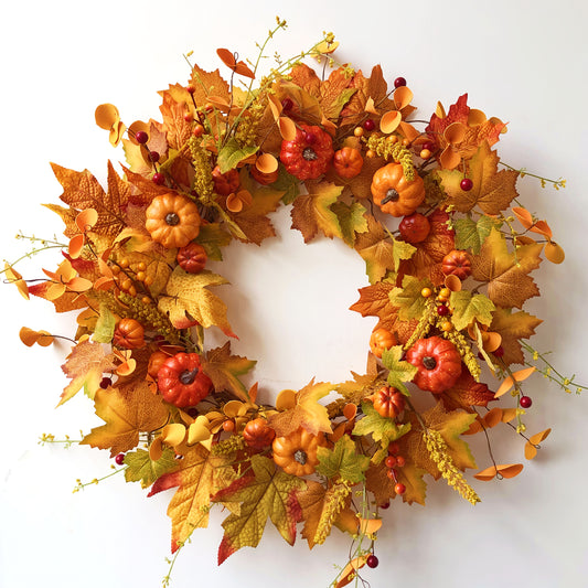 [Vibrant Autumn Wreath] Vibrant Autumn Harvest Wreath with Realistic Pumpkin & Berry Maple Leaves - Orange Pumpkins, Wheat Stalks, and Foliage for Thanksgiving, Halloween, and Home Party Decorations, Fall Decorations for Home