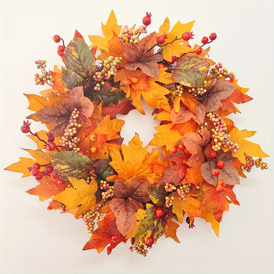 1pc, Fall Wreaths For Front Door, Autumn Harvest Door Wreaths With Berries Maple Leaves, Large Fall Farmhouse Wreath, Halloween Wreath, Thanksgiving Wreath, Wreaths For Halloween Decorations Indoor Outdoor Home Decor