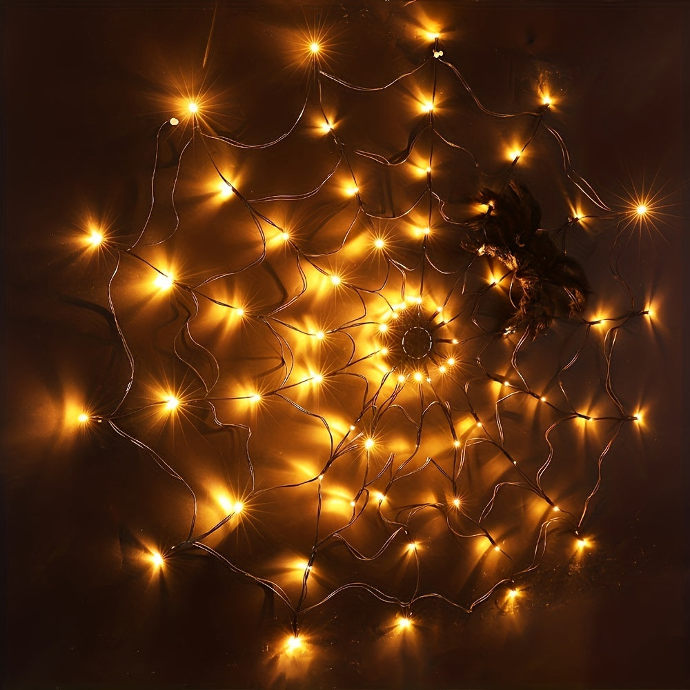 1pc Halloween Spider Web Lights, 1M 3.3FT Diameter 70 LEDs With Black Spider LED Net Lights, Remote Control, 8 Modes Cobweb Halloween Decorations, For House Indoor Scary Theme
