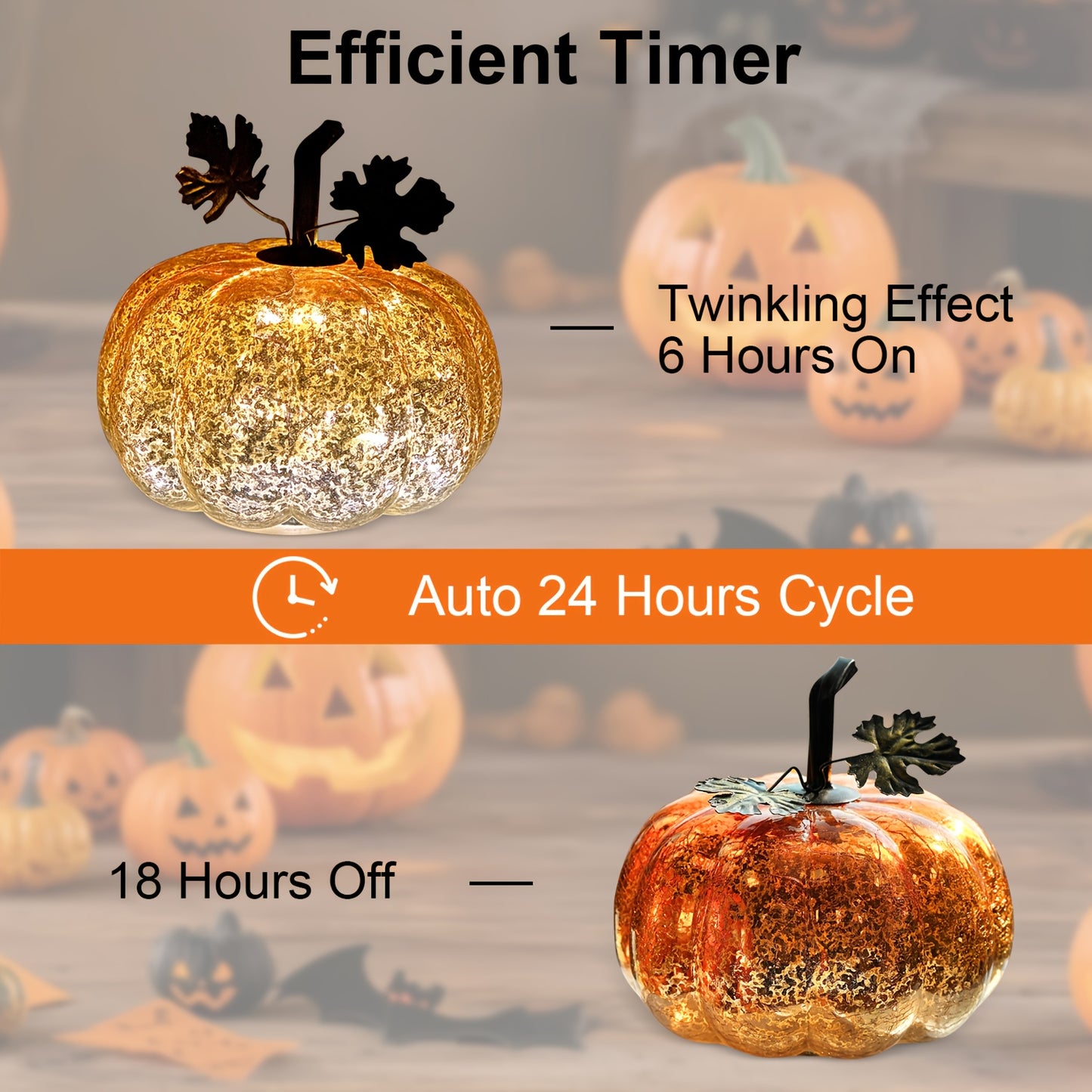 Golden Glass Pumpkin Night Light - Elegant Glowing Table Centerpiece with Warm White & Golden Light, Battery-Powered (Not Included) - Durable Glass Construction for Halloween, Christmas, Thanksgiving, Fall Harvest Decor - Man