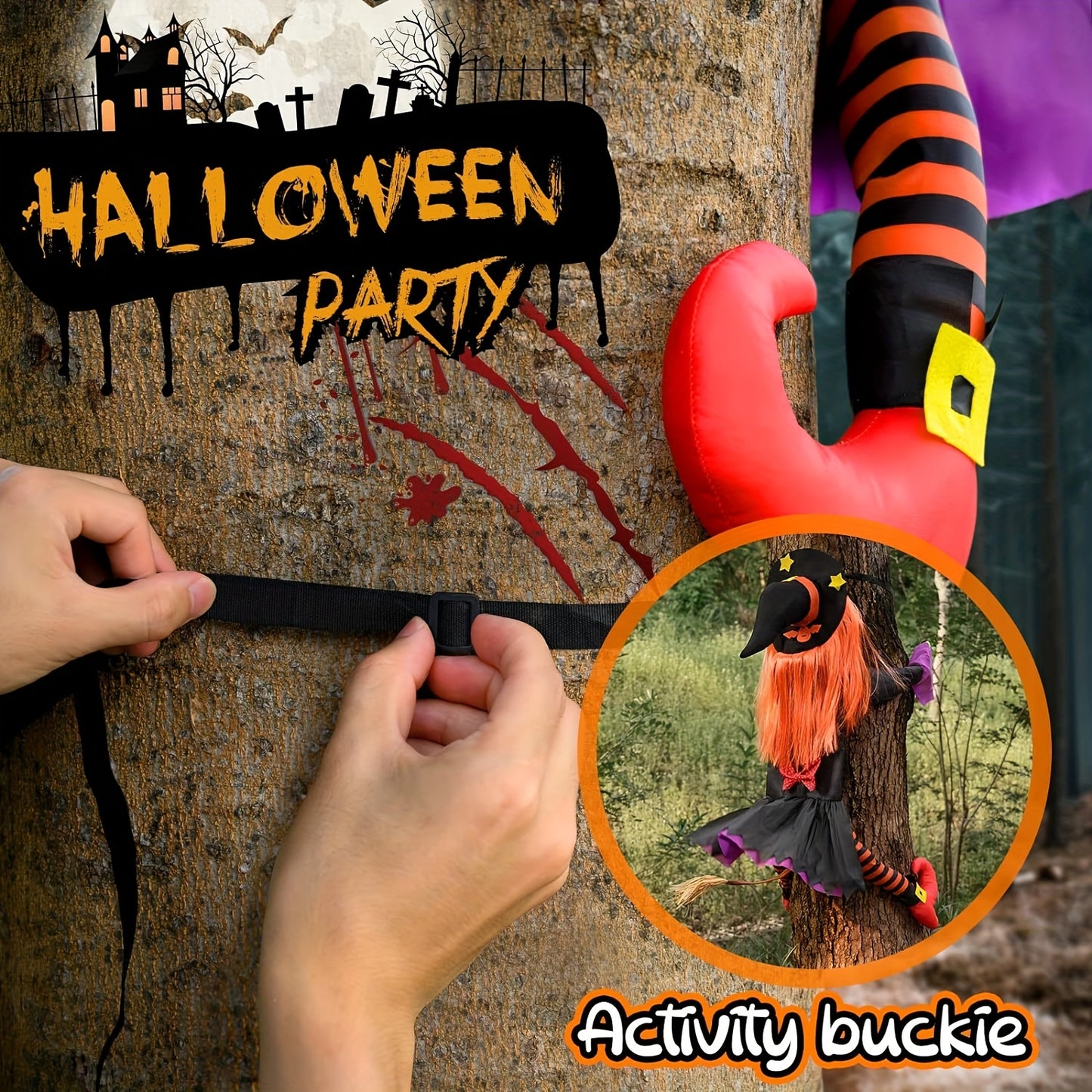 Bosoner Large Crashing Witch Decor (55'' H), Halloween Decorations Clearance Outdoor Witch Props Ornaments, Hanging into Tree/Porch Pole/Door/Yard, with Adjustable Band, Outside Garden Funny Witches Crashed