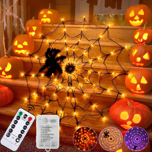 1pc Halloween Spider Web Lights, 1M 3.3FT Diameter 70 LEDs With Black Spider LED Net Lights, Remote Control, 8 Modes Cobweb Halloween Decorations, For House Indoor Scary Theme