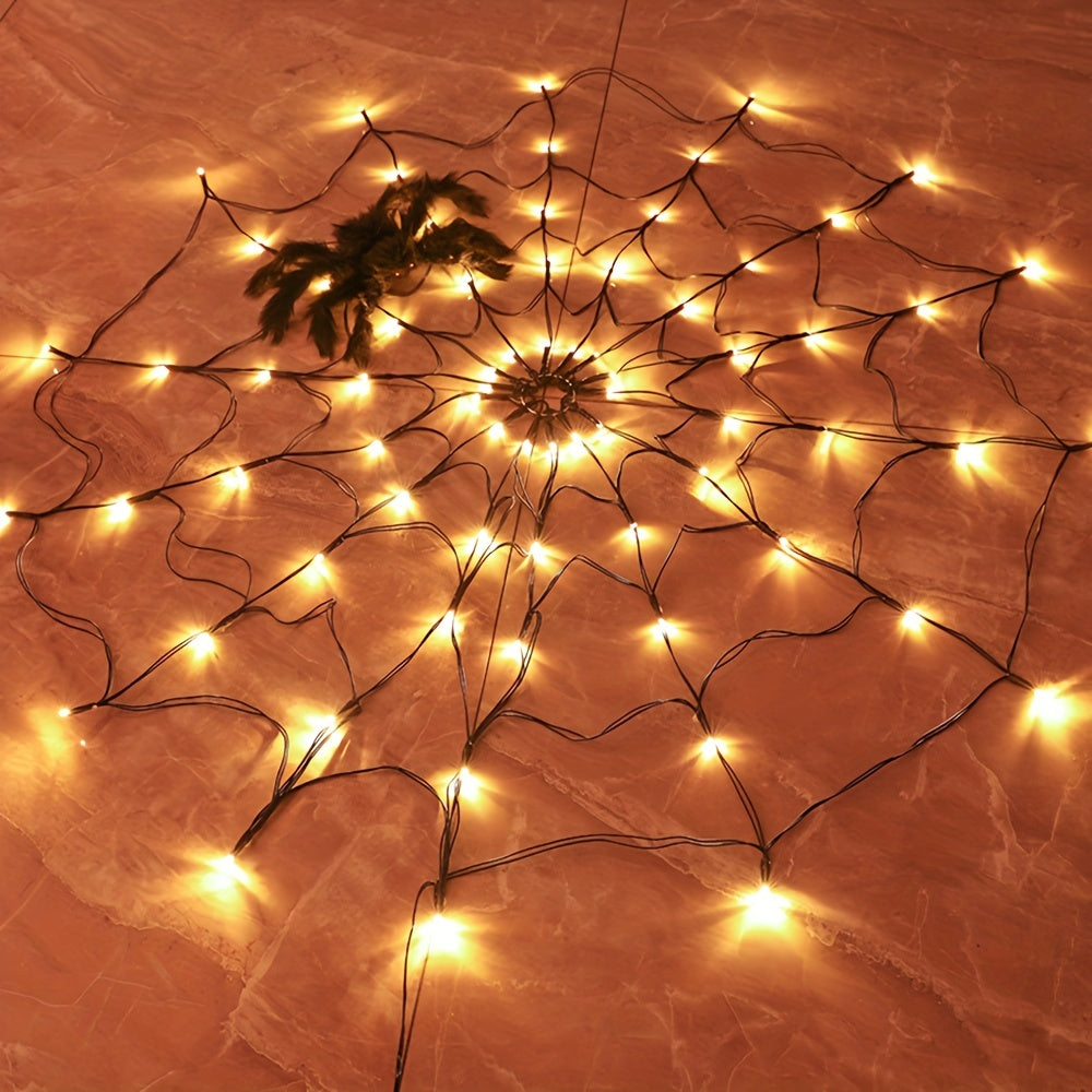 1pc Halloween Spider Web Lights, 1M 3.3FT Diameter 70 LEDs With Black Spider LED Net Lights, Remote Control, 8 Modes Cobweb Halloween Decorations, For House Indoor Scary Theme