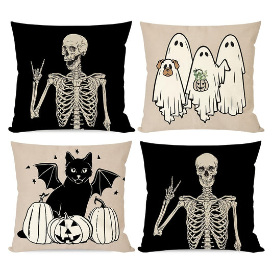 Set Of 4 Halloween Pillow Covers 18x18 Inch Black Cat Skeleton Dog Ghost Halloween Pillows Decorative Throw Pillows Cases Fall Throw Pillows Outdoor Halloween Decorations Couch Porch Decor Bedroom Decor, Living Room Decor (Cu