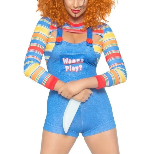 Halloween Costumes for Women Scary Nightmare Killer Doll Movie Wanna Play Print Sexy Bodysuit Jumpsuit Costume