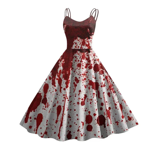 Halloween Cosplay Women Dress Fashion Retro Funny Horror Theme Bloody Printed Casual Suspender Strappy Dress Witch Costumes