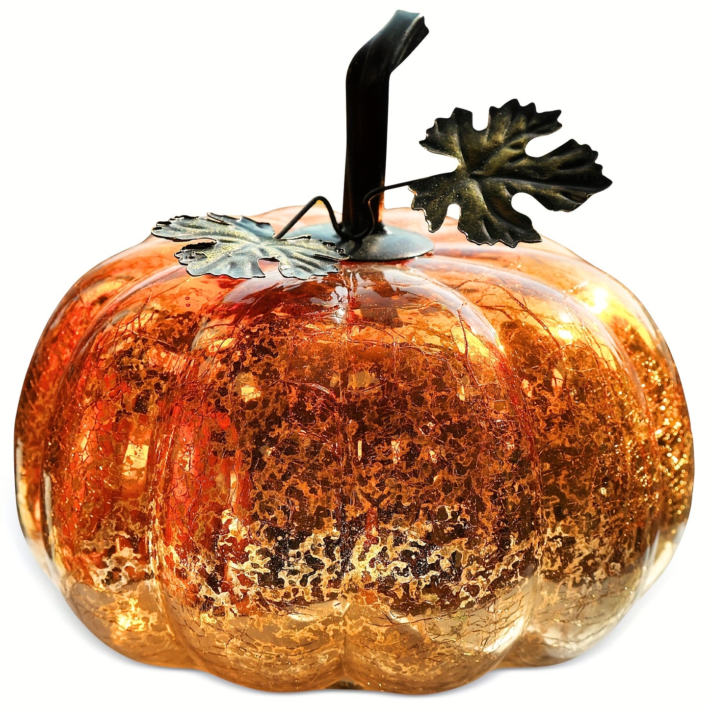 Golden Glass Pumpkin Night Light - Elegant Glowing Table Centerpiece with Warm White & Golden Light, Battery-Powered (Not Included) - Durable Glass Construction for Halloween, Christmas, Thanksgiving, Fall Harvest Decor - Man