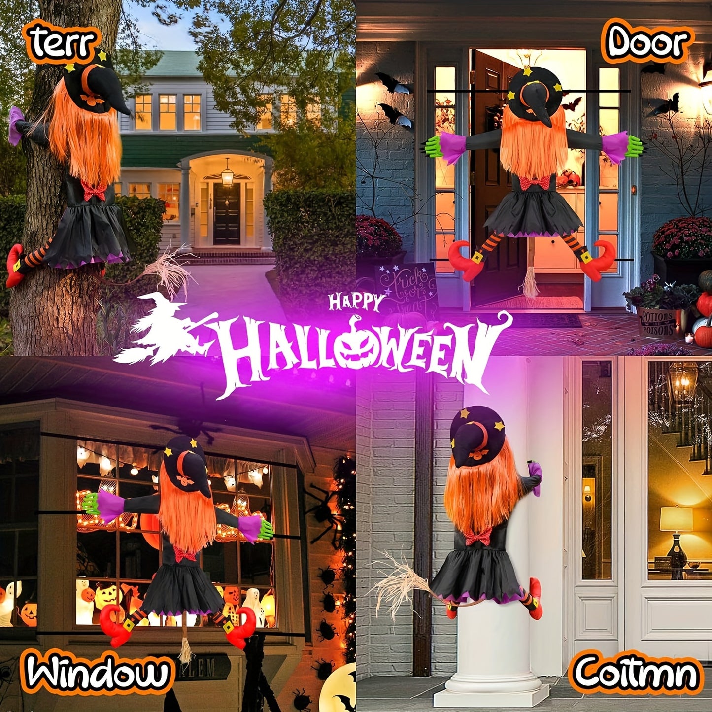 Bosoner Large Crashing Witch Decor (55'' H), Halloween Decorations Clearance Outdoor Witch Props Ornaments, Hanging into Tree/Porch Pole/Door/Yard, with Adjustable Band, Outside Garden Funny Witches Crashed
