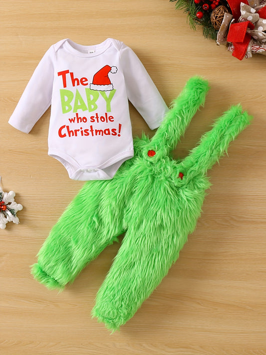 Adorable Baby Christmas Outfit - Funny Graphic Crew Neck Long Sleeve Romper + Green Fuzzy Suspender Pants Clothes Set, Outdoor Cloth